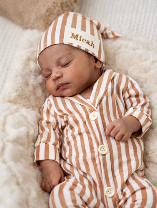 Stripe 4 PCS Set with Optional Embroidered Hat | White-brown