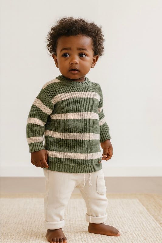 Olive Stripe Knit Sweater Set – 100% Cotton Two-Piece Outfit