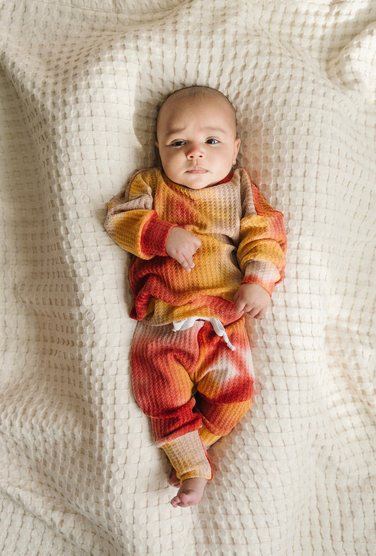 Oversized Waffle Lounge Set | Orange/Mocha Tie-Dye