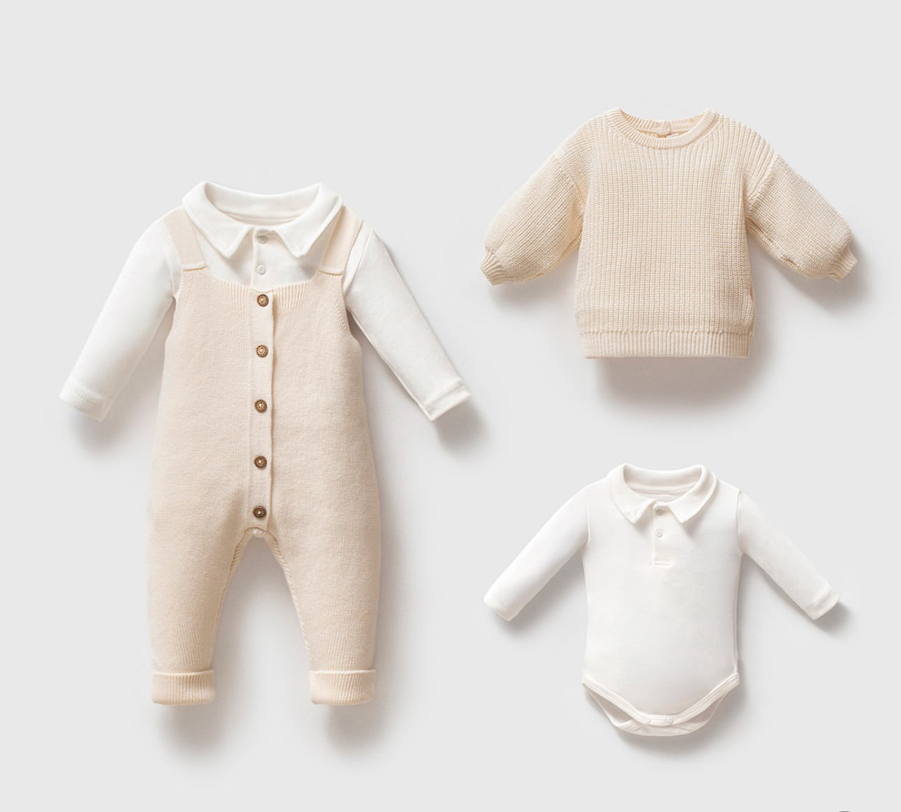 3 PIECES SET KNIT SUSPENDERS OVERALLS | Beige