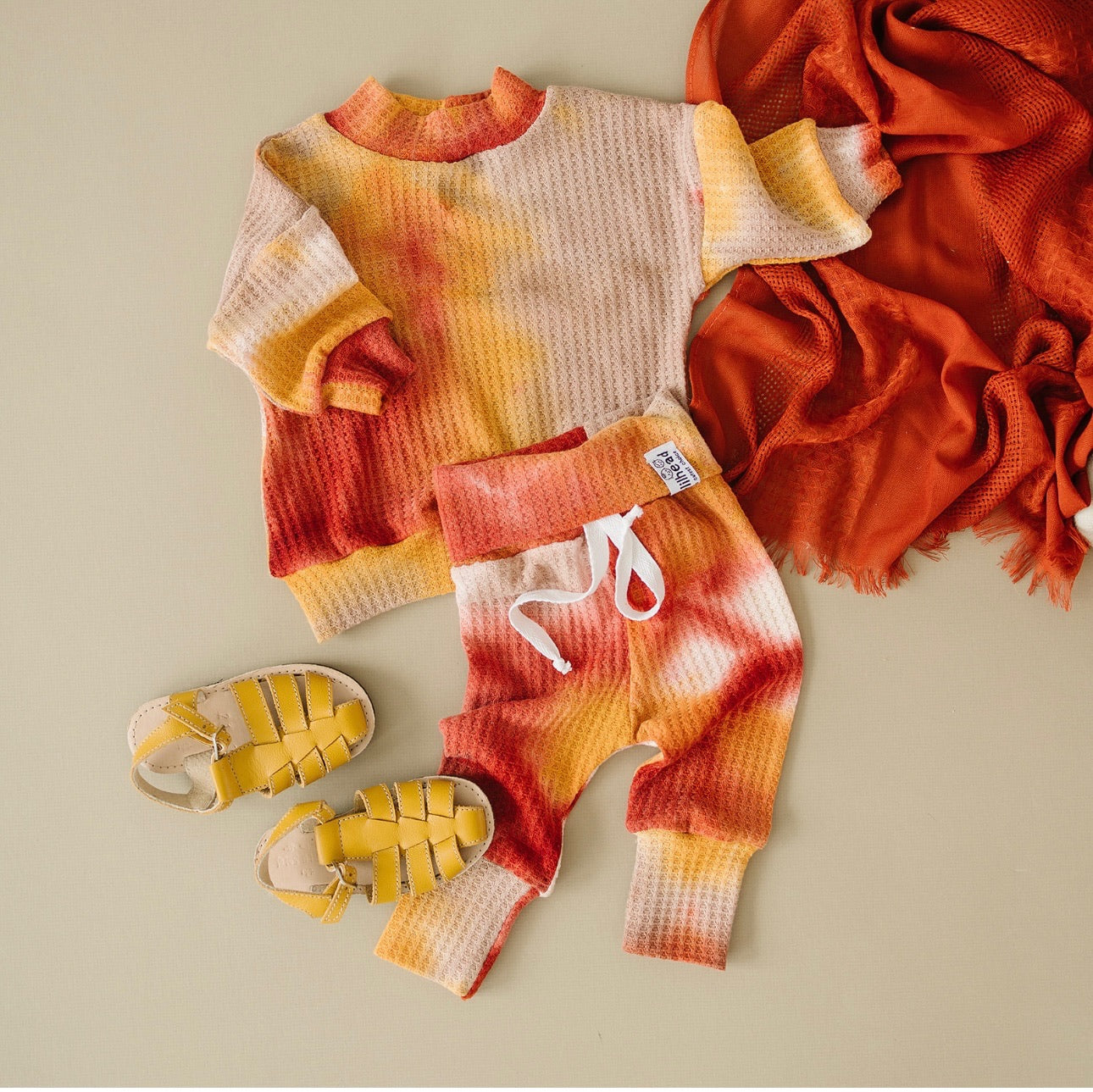 Oversized Waffle Lounge Set | Orange/Mocha Tie-Dye