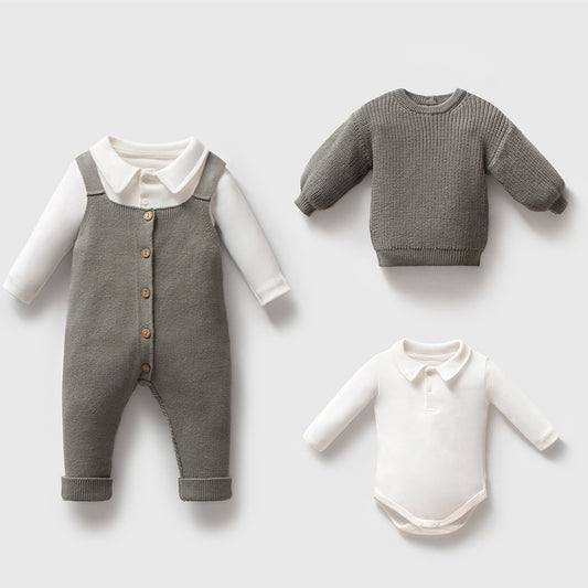 3 PIECES SET KNIT SUSPENDERS OVERALLS | Gray