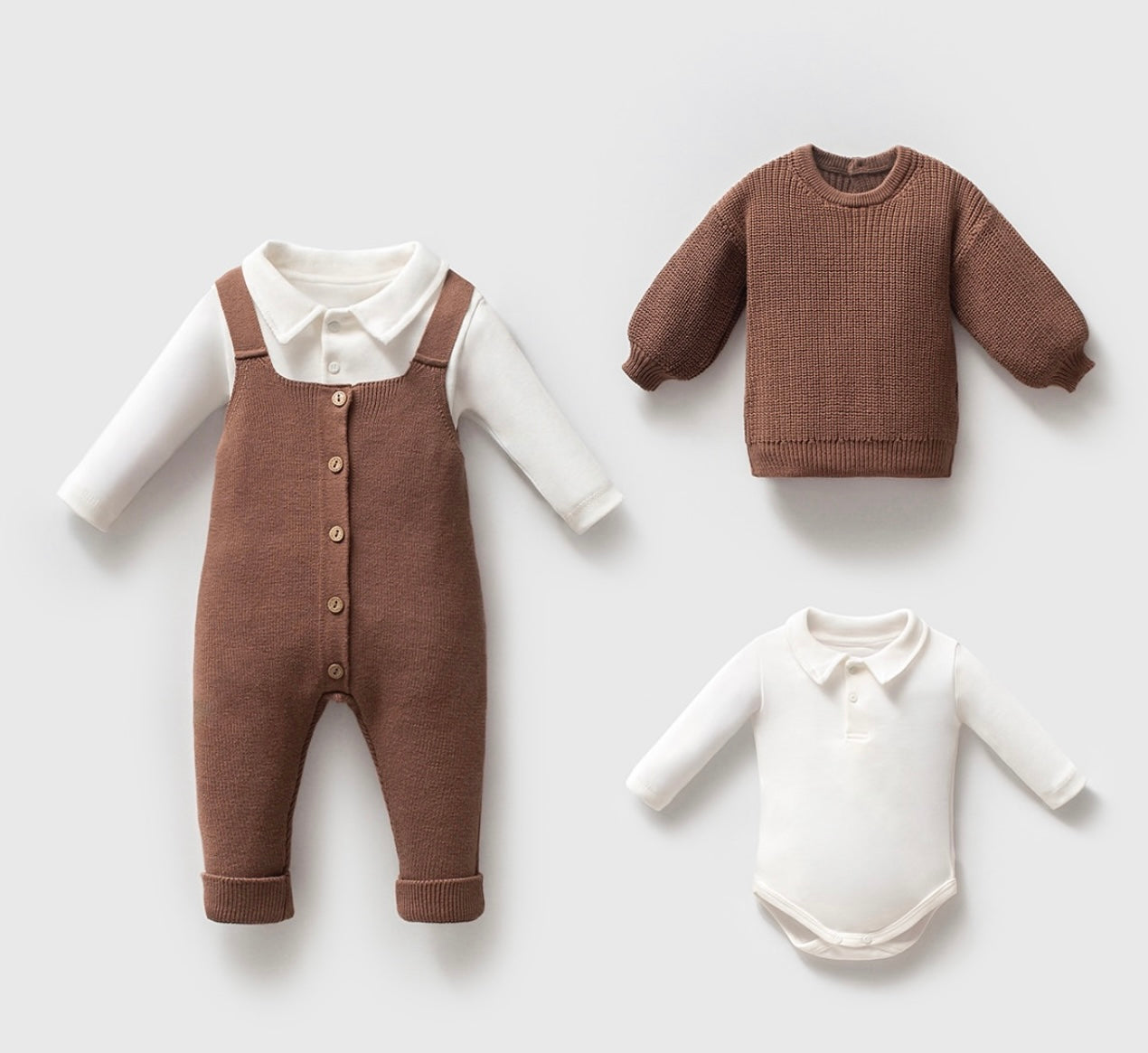 3 PIECES SET KNIT SUSPENDERS OVERALLS | Brown