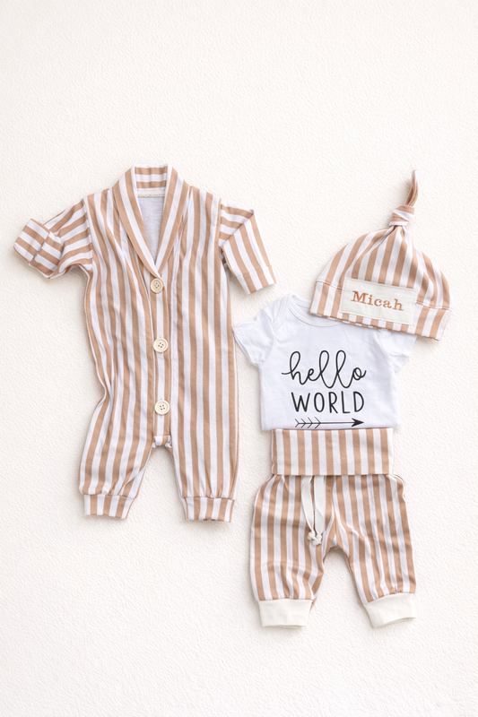 Stripe 4 PCS Set with Optional Embroidered Hat | White-brown