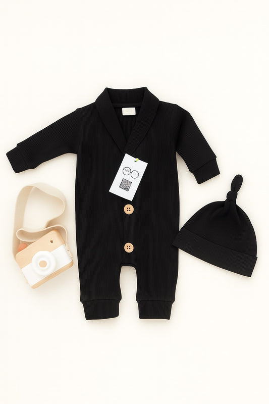 Thermal Knit Set with Optional Embroidered Hat | Black