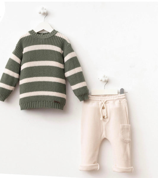 Olive Stripe Knit Sweater Set – 100% Cotton Two-Piece Outfit