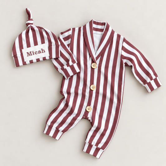 Washed burgundy and white wide-stripe baby romper with matching personalized knotted hat